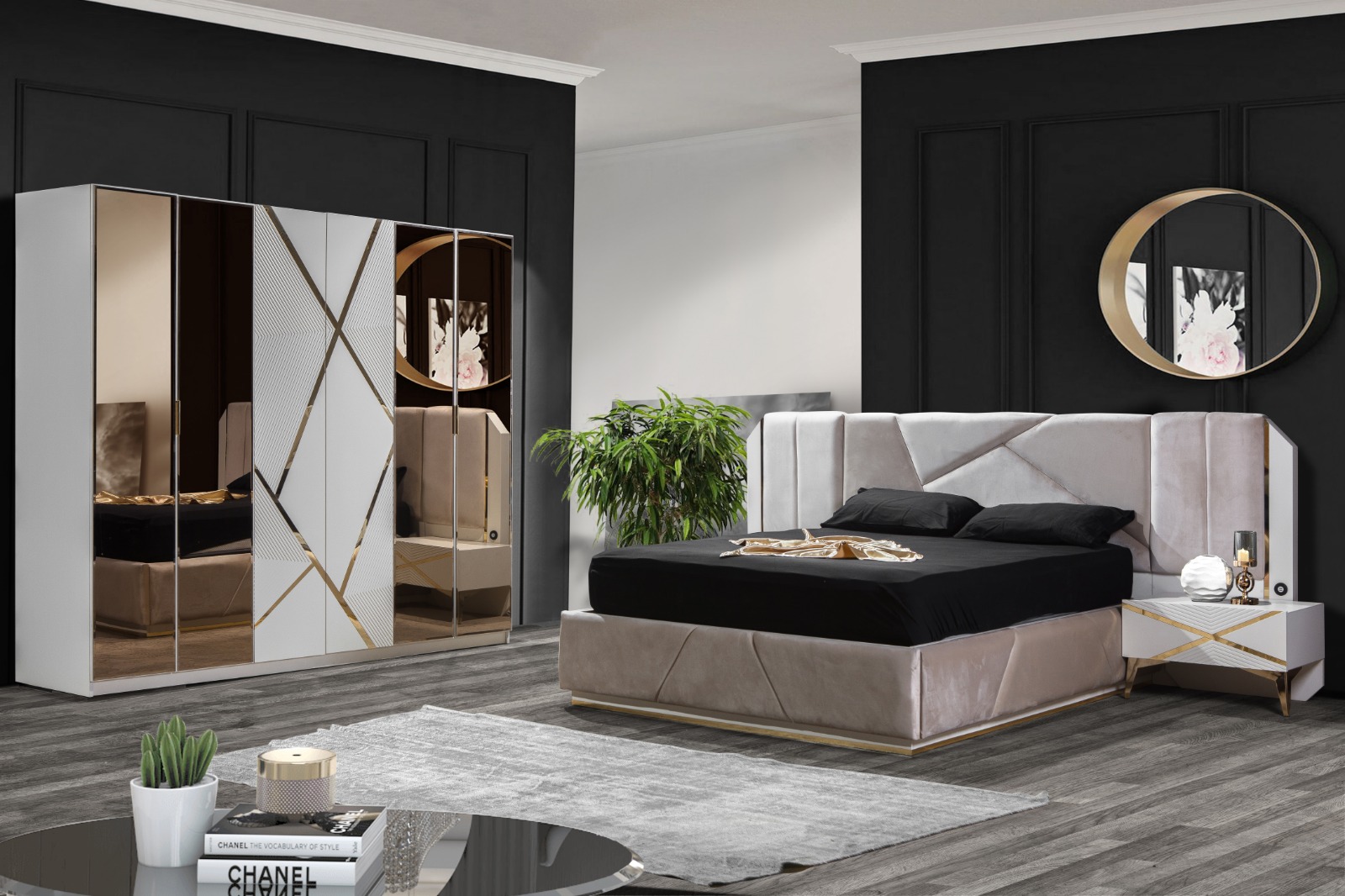  This set incorporates the lovely luster of black and white and mirror accents to create an alluring focal point in your interiors. The set includes a bed, two nightstands, a dresser, a mirror, and a stand.