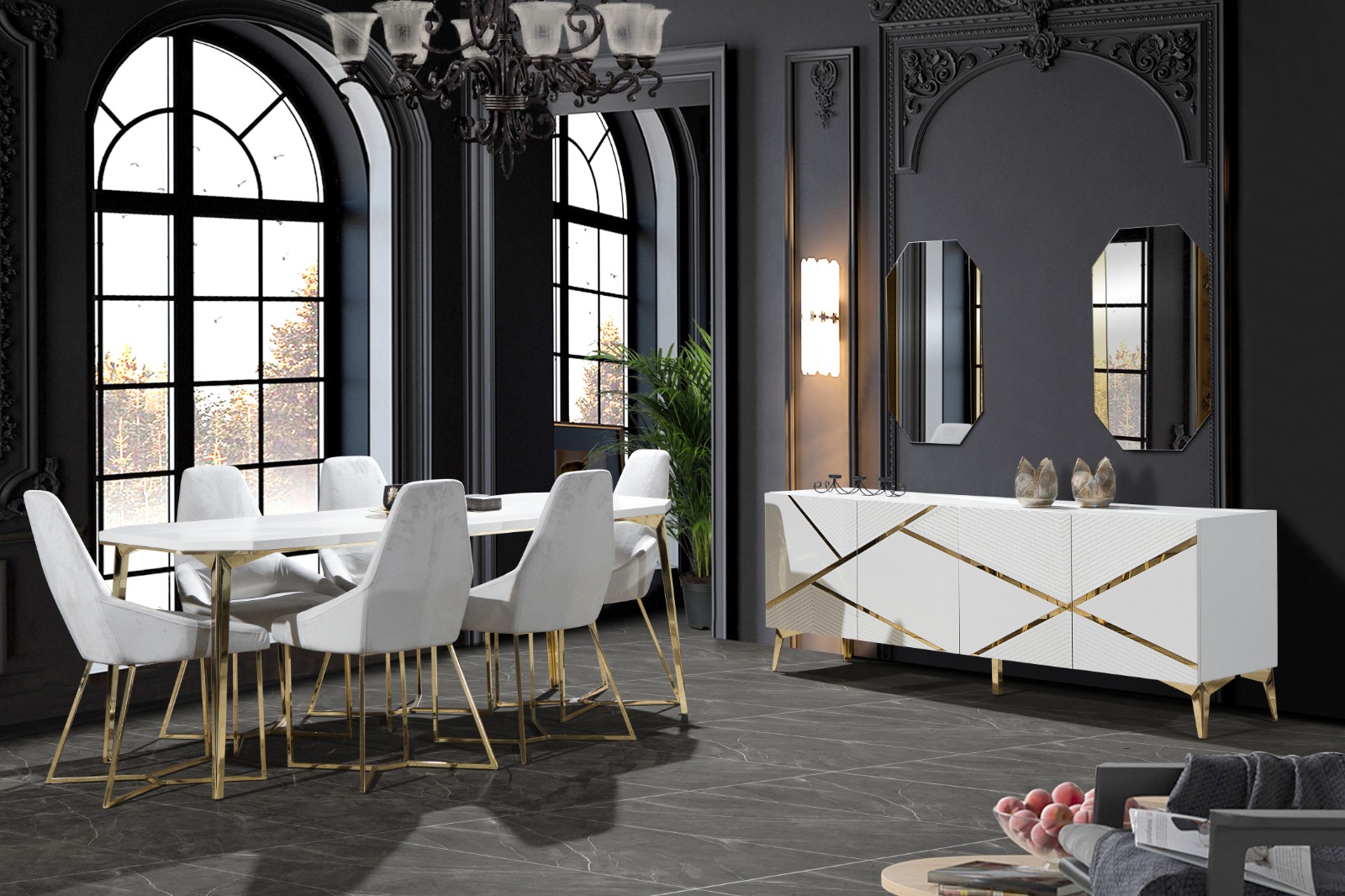 Make a glamorous impression in your dining space with this set. This set consists of 6 tables, console and a table. Its alluring modern silhouette is distinguished by a sleek, rectangular marble-f