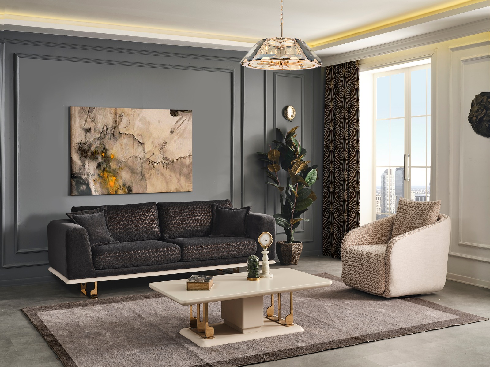 Living room 900k Fill your space with the majestic grace of this set. The classic traits such as a pattern matte fabric and golden legs showcase timeless elegance in your interior. The soft velvet upholstery is a