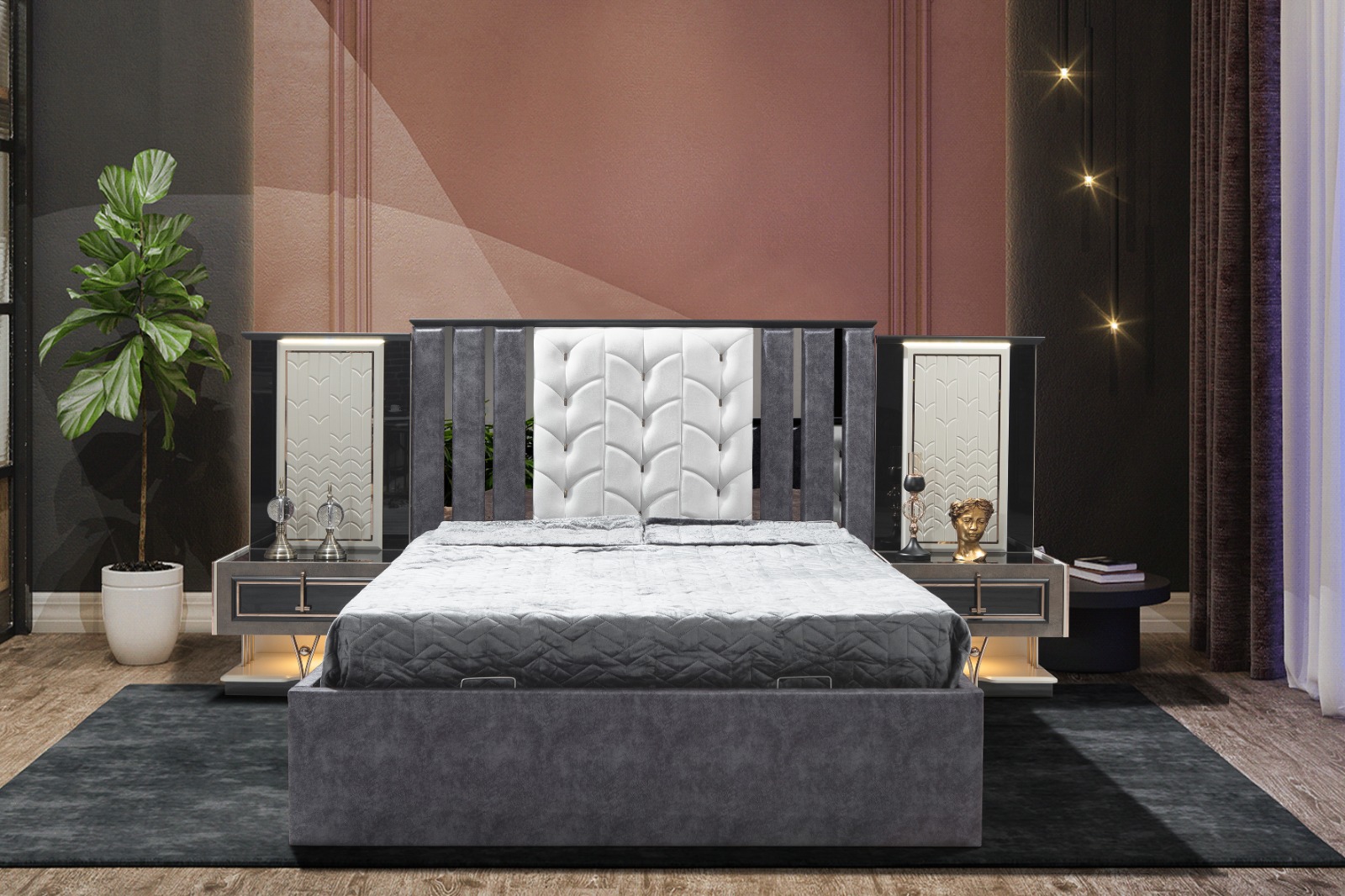 Bedroom 1.3 mil This set consists of a bed, two nightstands, a dresser, an oval mirror, and a stool. The bed features soft PU upholstery with channeled detailing, adding both elegance and snugness to your space.